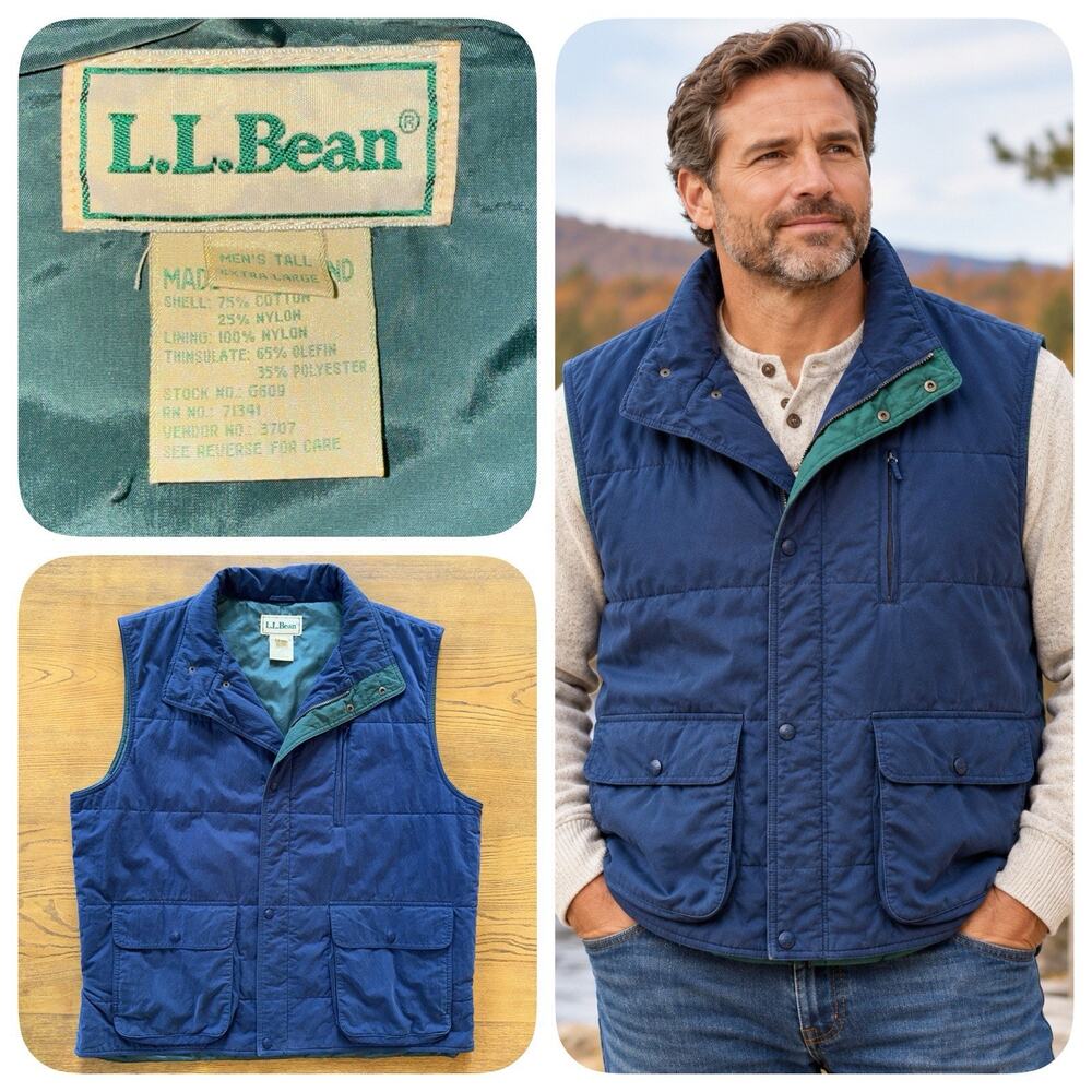 Vintage LL Bean Thinsulate Vest Men's Tall XL Blue Lined Green Utility Outdoor